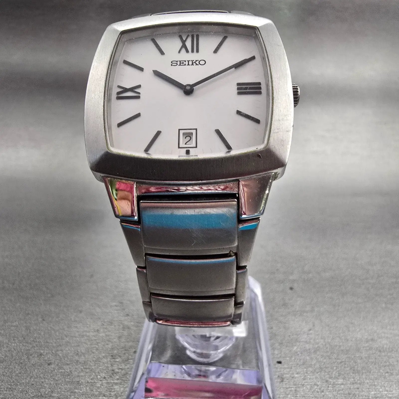 Seiko Watch Men 34mm White Dial Silver Tone Date Rectangle 7N39-0AS0 New Battery5