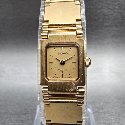 Seiko Watch Women 13mm Gold Dial Gold Tone Rectangle 1E20-5200 New Battery0