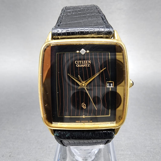Citizen CQ Tank Watch Men 26mm Black Dial Gold Tone Date Rectangle New Battery0