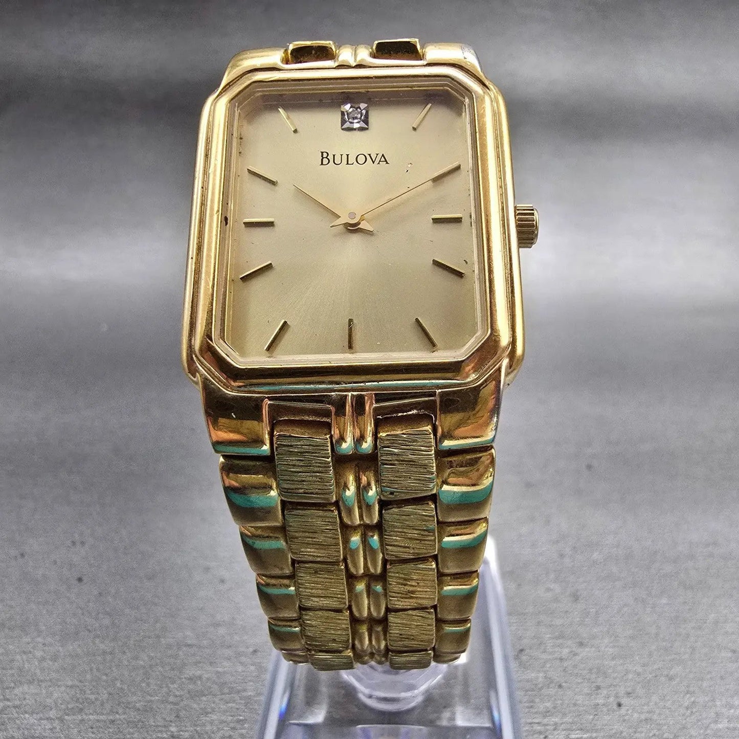 Bulova Watch Men 27mm Champagne Dial Gold Tone Rectangle New Battery Vintage5