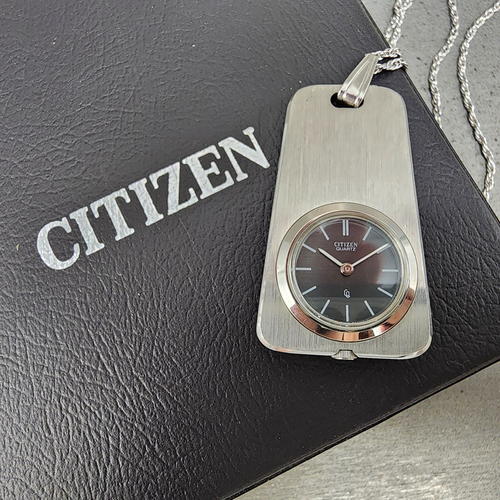 Citizen Necklace Watch Women Gray Dial Steel Rectangle New Battery W/Box0