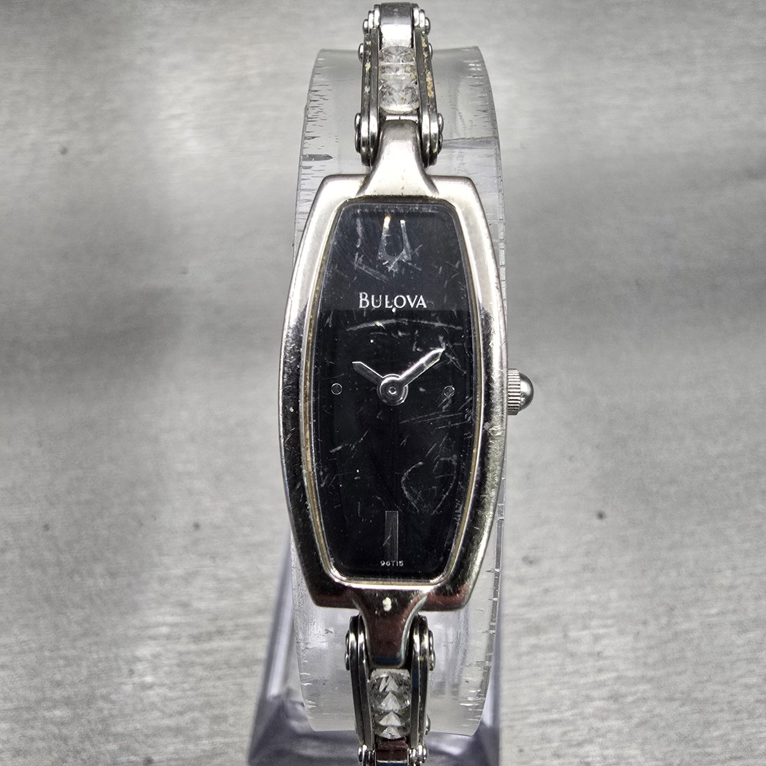 Bulova Watch Women 14mm Black Dial Silver Tone Gemmed Oval 96T15 New Battery0