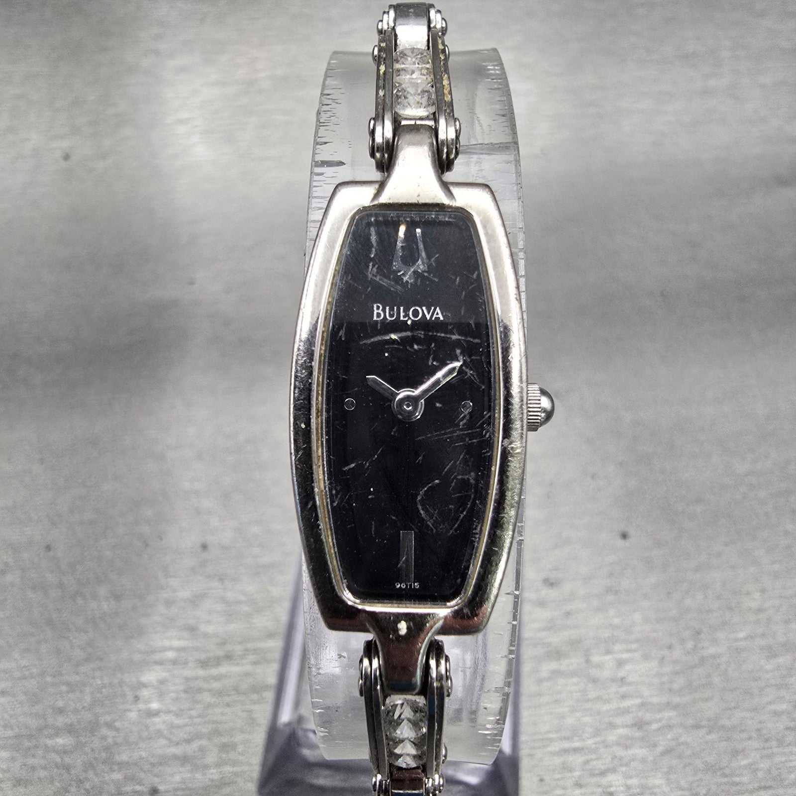Bulova Watch Women 14mm Black Dial Silver Tone Gemmed Oval 96T15 New Battery0