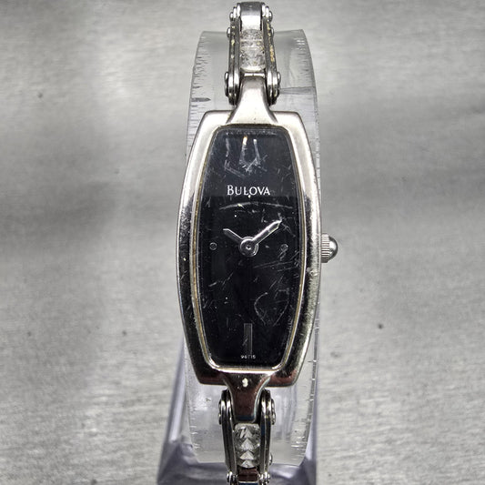 Bulova Watch Women 14mm Black Dial Silver Tone Gemmed Oval 96T15 New Battery0