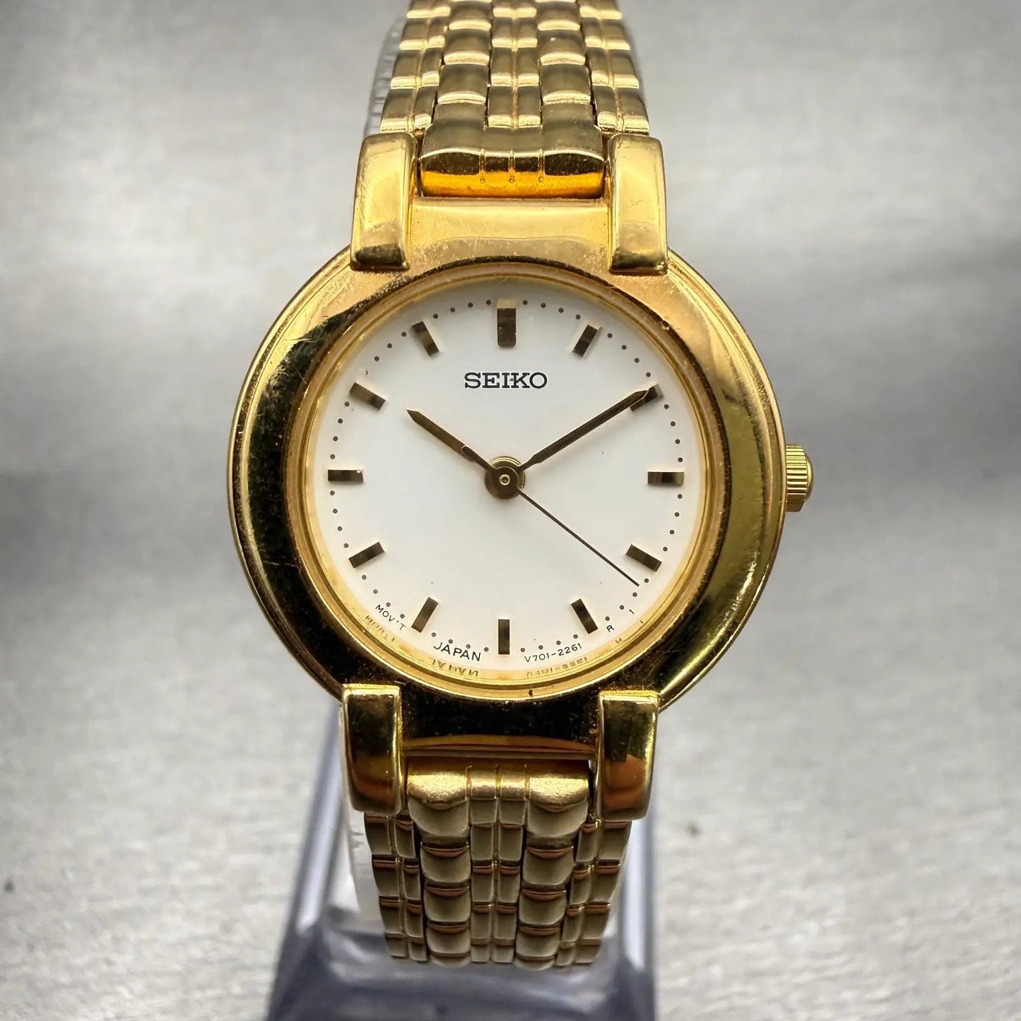 Seiko Watch Women 24mm White Dial Gold Tone Round V701-1781 New Battery Vintage0