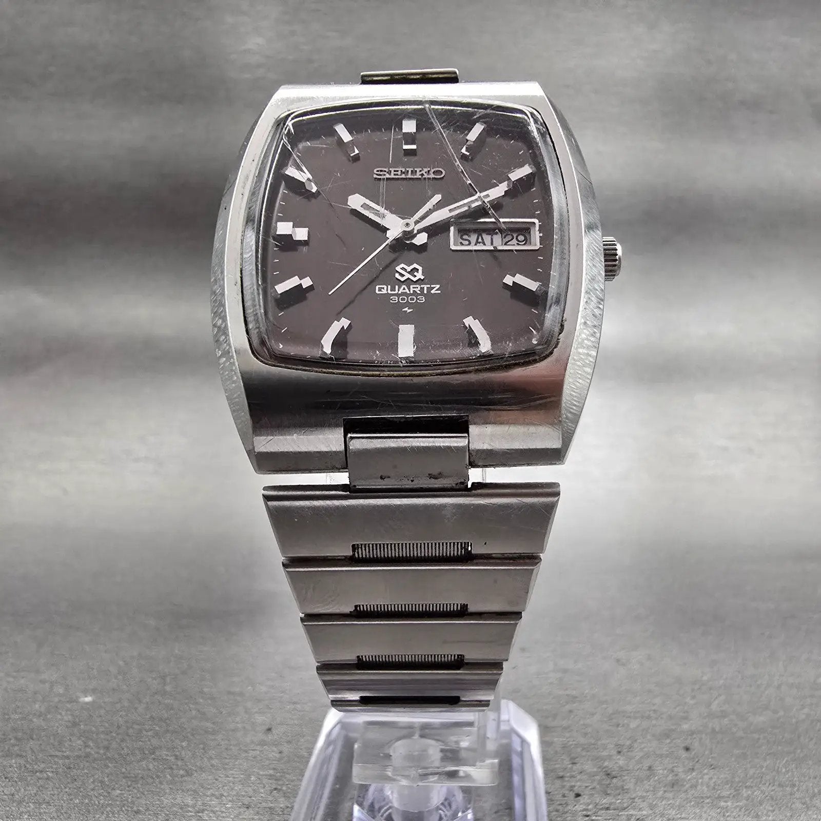 Seiko SQ Watch Men 35mm Black Dial Silver Tone Daydate 0843-5029 New Battery VTG5