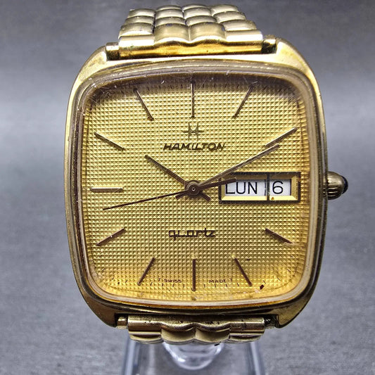 Hamilton Watch Men 32mm Gold Dial Gold Tone Daydate Rectangle 746003-14 PARTS0