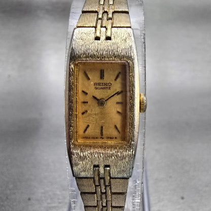 Seiko Watch Women 12mm Gold Dial Gold Tone Rectangle 2E20-5550 New Battery VTG0