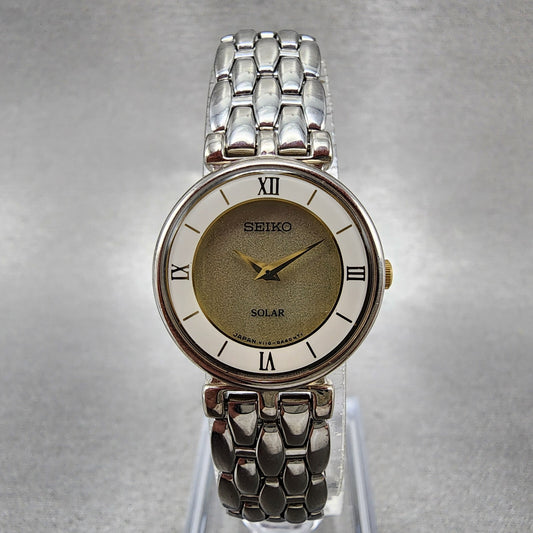 Seiko Solar Watch Women 23mm Champagne Dial Silver Tone V110-0a40 Runs