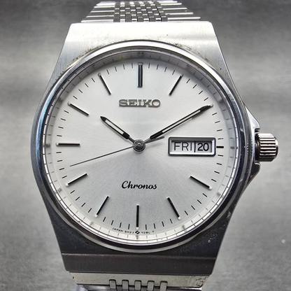 Seiko Chronos Watch Men 34mm Silver Dial Silver Tone Daydate 5H23-7D20 New Batt1
