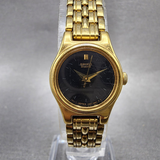 Seiko Watch Women 20mm Black Dial Gold Tone Round V4011008 New Battery0