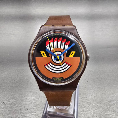 Swatch Gent RUFFLED FEATHERS Watch Men Brown Dial Brown Tone GF100 New Battery G0