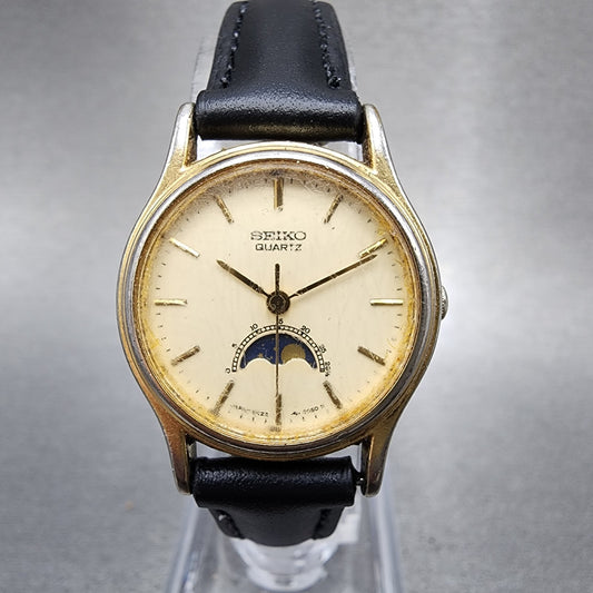 Seiko Moonphase Watch Women 25mm Champagne Dial Gold Tone 4K220040 New Battery0