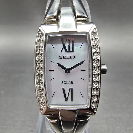 Seiko Solar Watch Women 18mm MOP Dial Stainless Steel Rectangle Crystals Works0