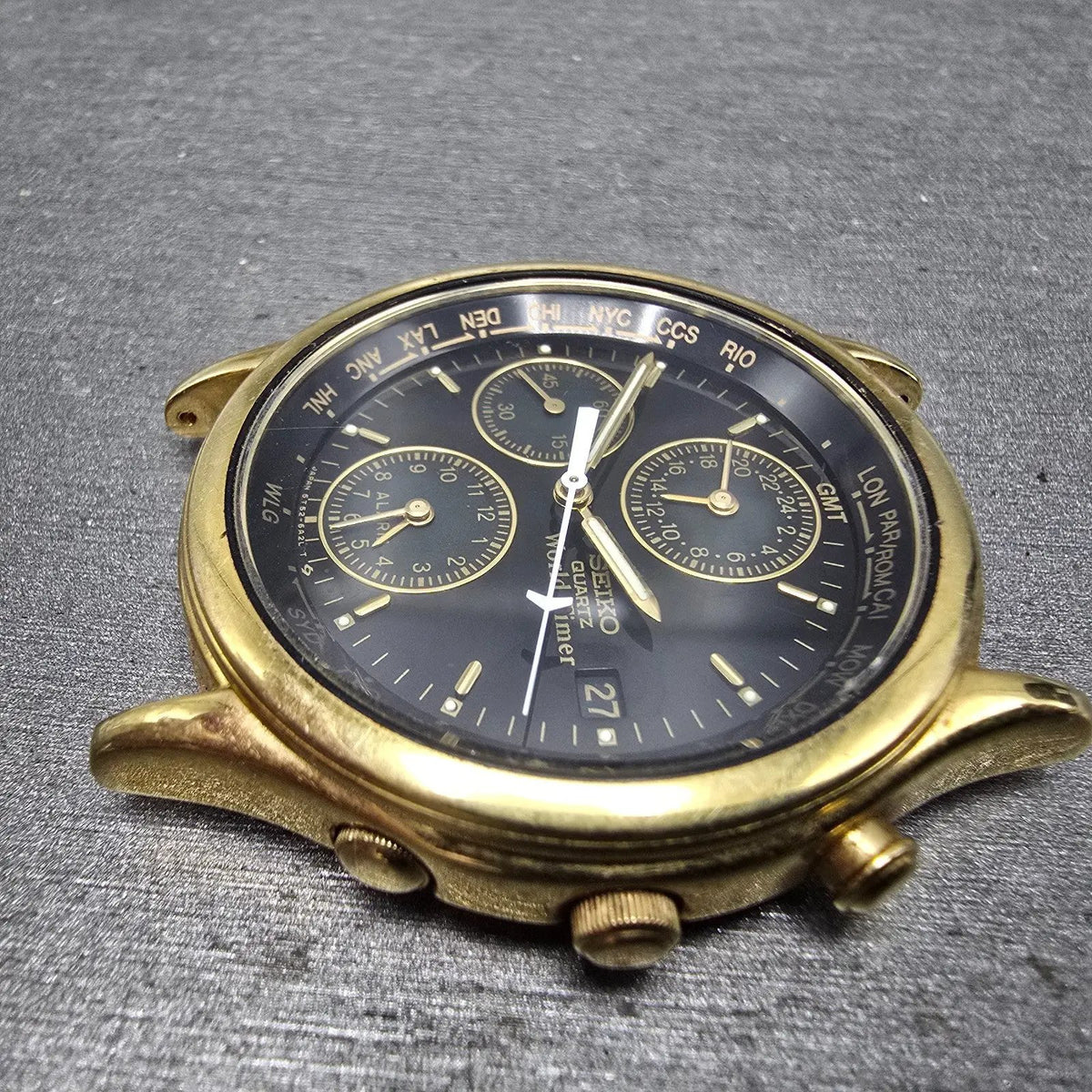 Seiko World Time Watch Men 37mm Black Dial Gold Tone Alarm Date 5T52-6A39 PARTS76
