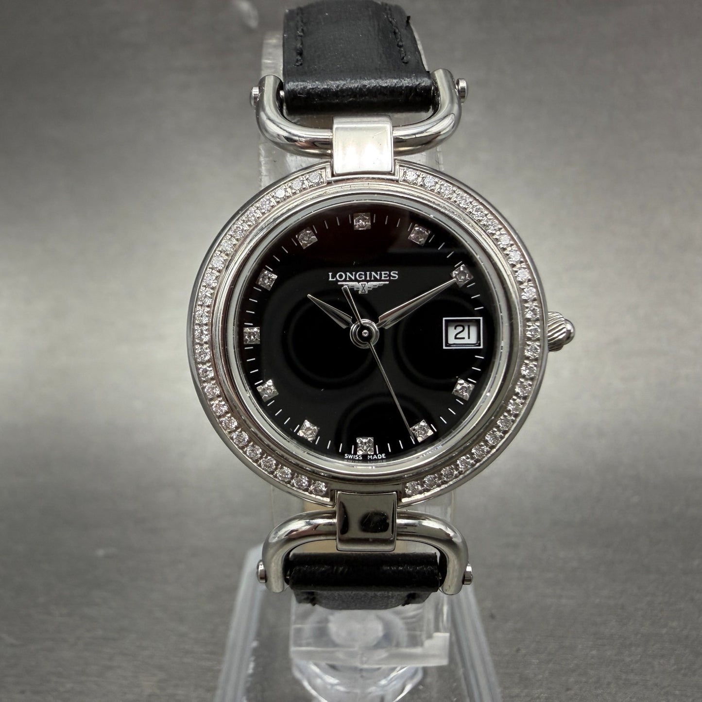 Longines Equestrian Watch Women 26mm Black Dial Steel Diamond Bezel New Battery0