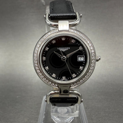 Longines Equestrian Watch Women 26mm Black Dial Steel Diamond Bezel New Battery0