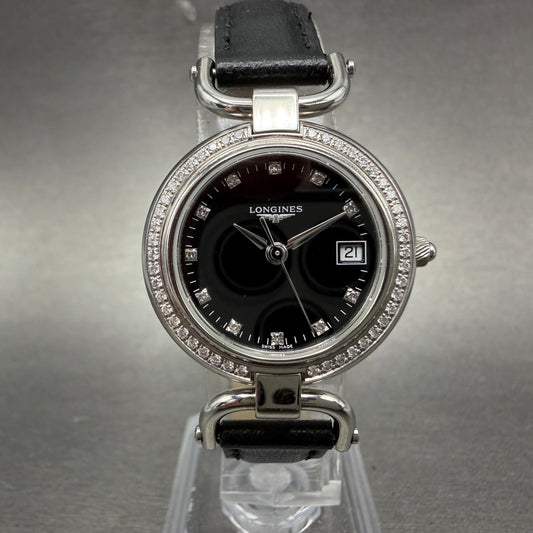 Longines Equestrian Watch Women 26mm Black Dial Steel Diamond Bezel New Battery0