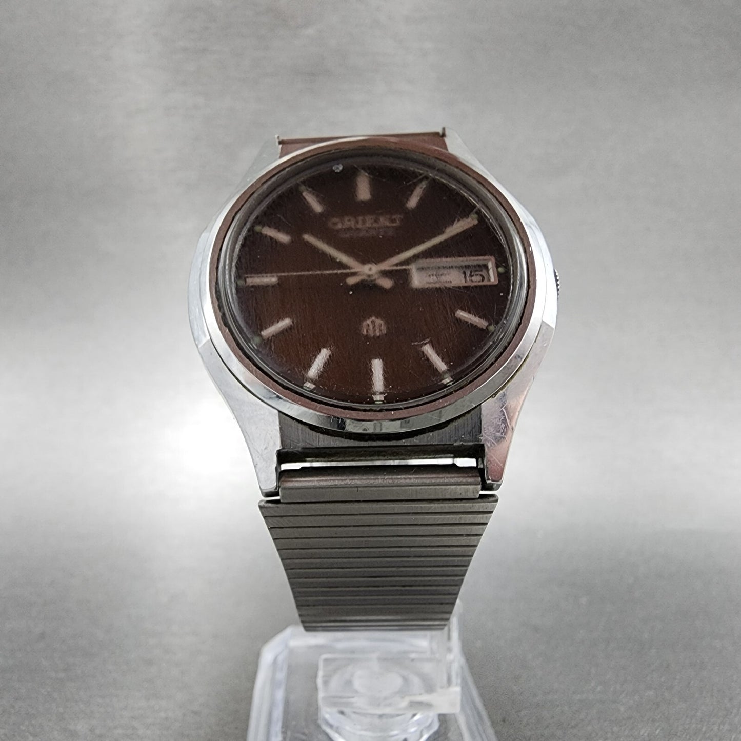 Orient Watch Men 36mm Brown Dial Steel Daydate Round 52912870 New Battery6