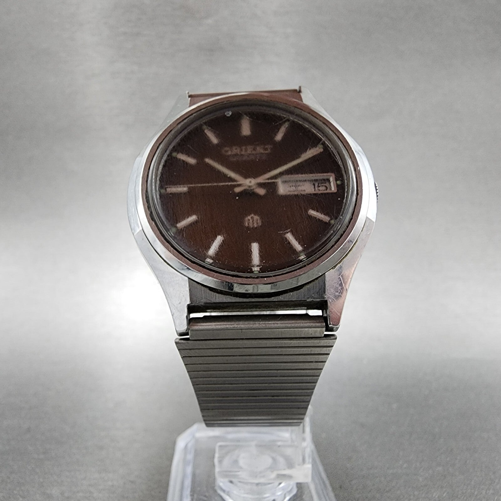 Orient Watch Men 36mm Brown Dial Steel Daydate Round 52912870 New Battery6