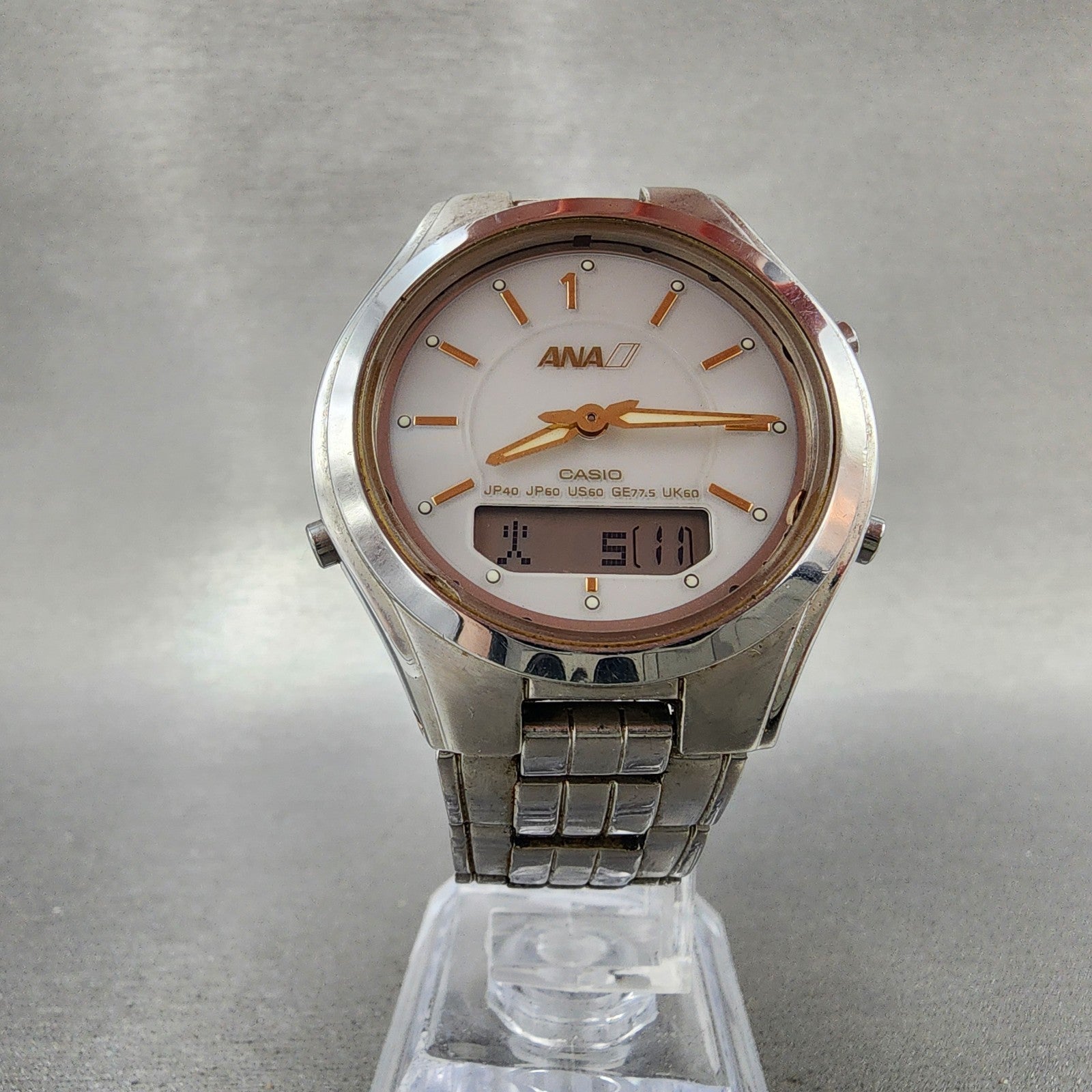 Casio ANA LCWM200 Watch Men 38mm White Dial Steel Analog Digital Solar Runs5
