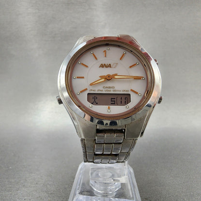 Casio ANA LCWM200 Watch Men 38mm White Dial Steel Analog Digital Solar Runs5