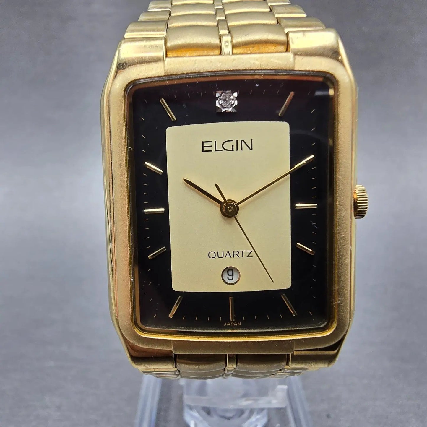 Elgin Tank Watch Men 26mm Black & Gold Dial Gold Tone Date Rectangle New Battery0