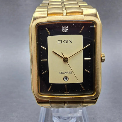 Elgin Tank Watch Men 26mm Black & Gold Dial Gold Tone Date Rectangle New Battery0