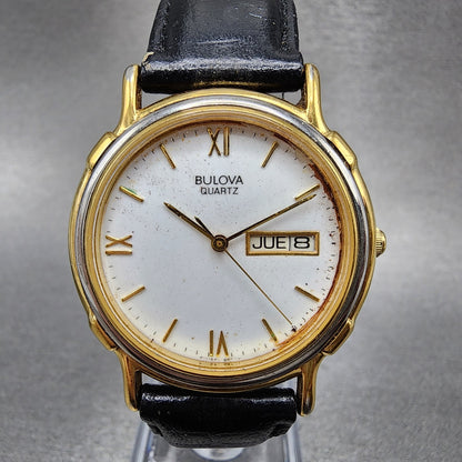 Bulova Watch Men 35mm White Dial Gold Tone Daydate Round 98C01 VTG New Battery0