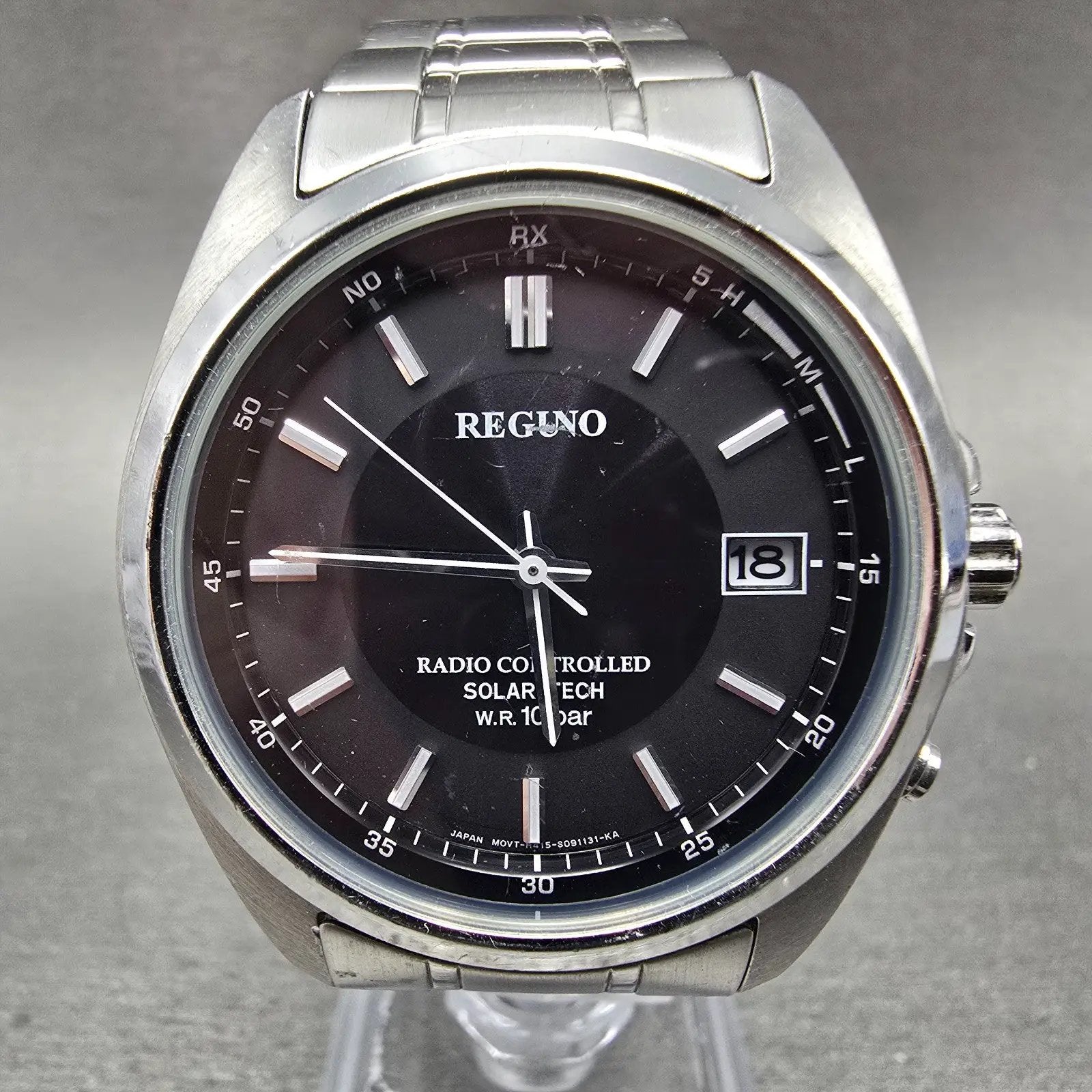Citizen Reguno Watch Men 38mm Black Dial Steel Solar Radio Controlled Round Runs0