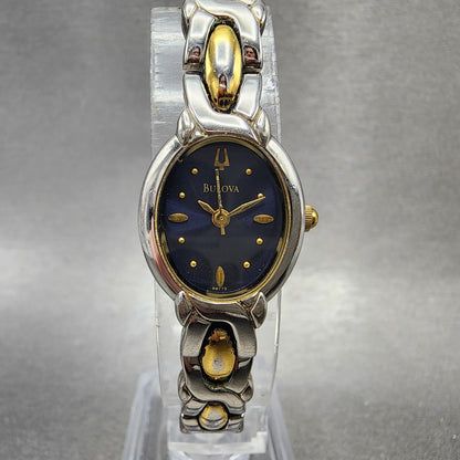Bulova Watch Women 17mm Blue Dial Two Tone Vintage Oval 98T72 New Battery0