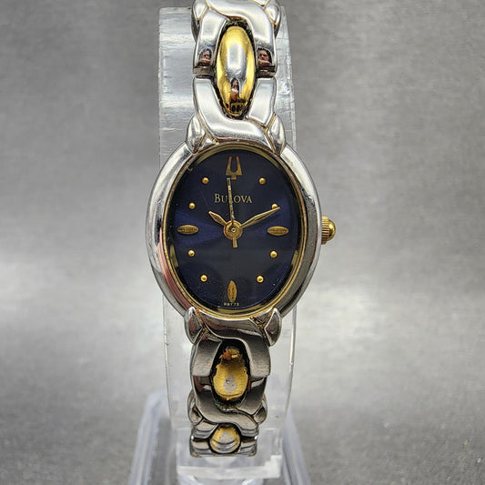 Bulova Watch Women 17mm Blue Dial Two Tone Vintage Oval 98T72 New Battery0