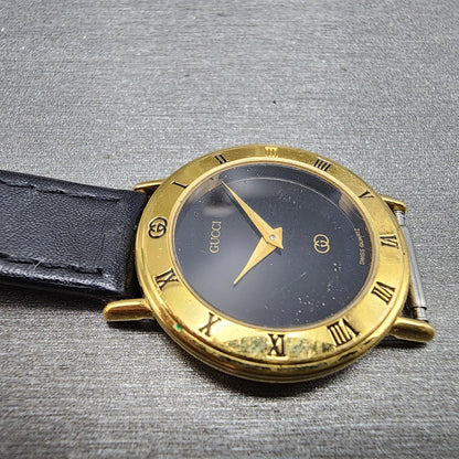 Gucci 3000L Watch Women 26mm Black Dial Gold Plated Round New Battery Vintage5