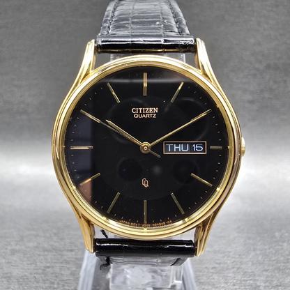 Citizen CQ Watch Men 34mm Black Dial Gold Daydate 2500-S76418 New Battery JP0