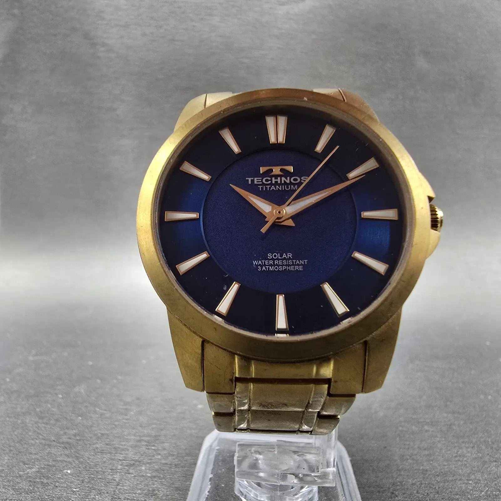 Technos Solar Watch Men 38mm Blue Dial Gold Tone Titanium Round T9A94 Runs6