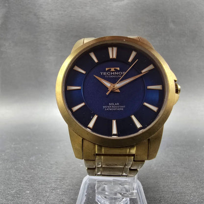 Technos Solar Watch Men 38mm Blue Dial Gold Tone Titanium Round T9A94 Runs6