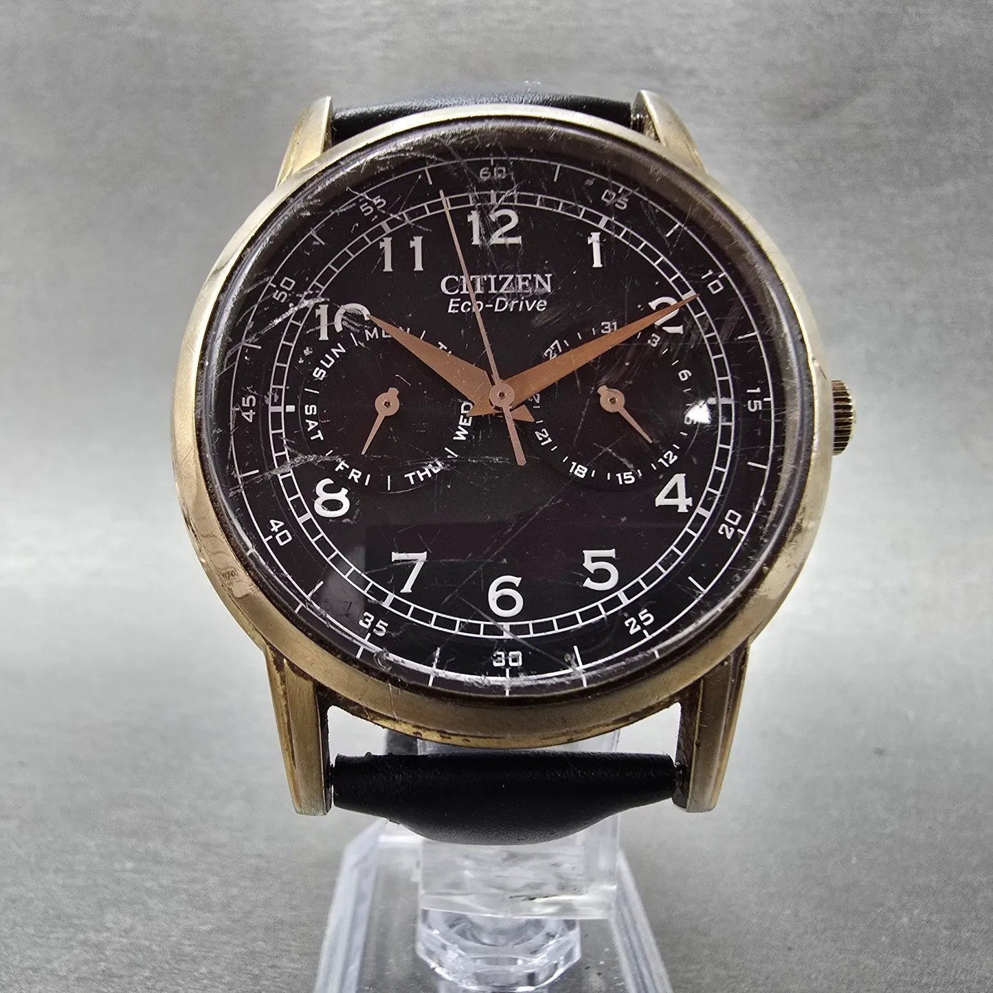 Citizen Eco-Drive Watch Men 42mm Black Dial Gold Tone Daydate 8635-S079764 Runs5