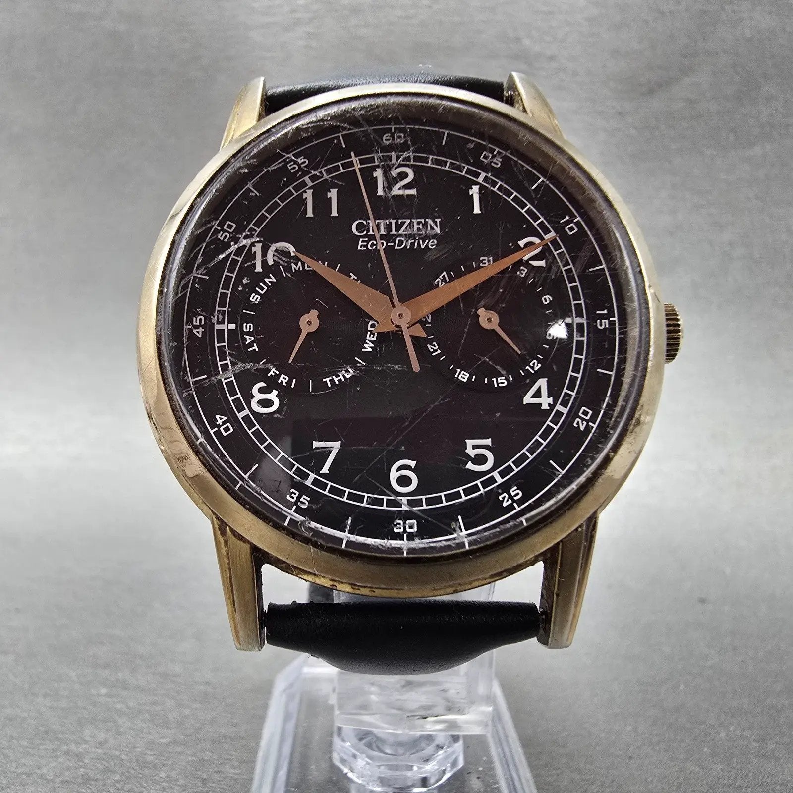 Citizen Eco-Drive Watch Men 42mm Black Dial Gold Tone Daydate 8635-S079764 Runs5