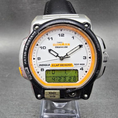 Timex Ironman Triathlon Watch Men 42mm White Dial Silver Alarm Chrono READ Runs0