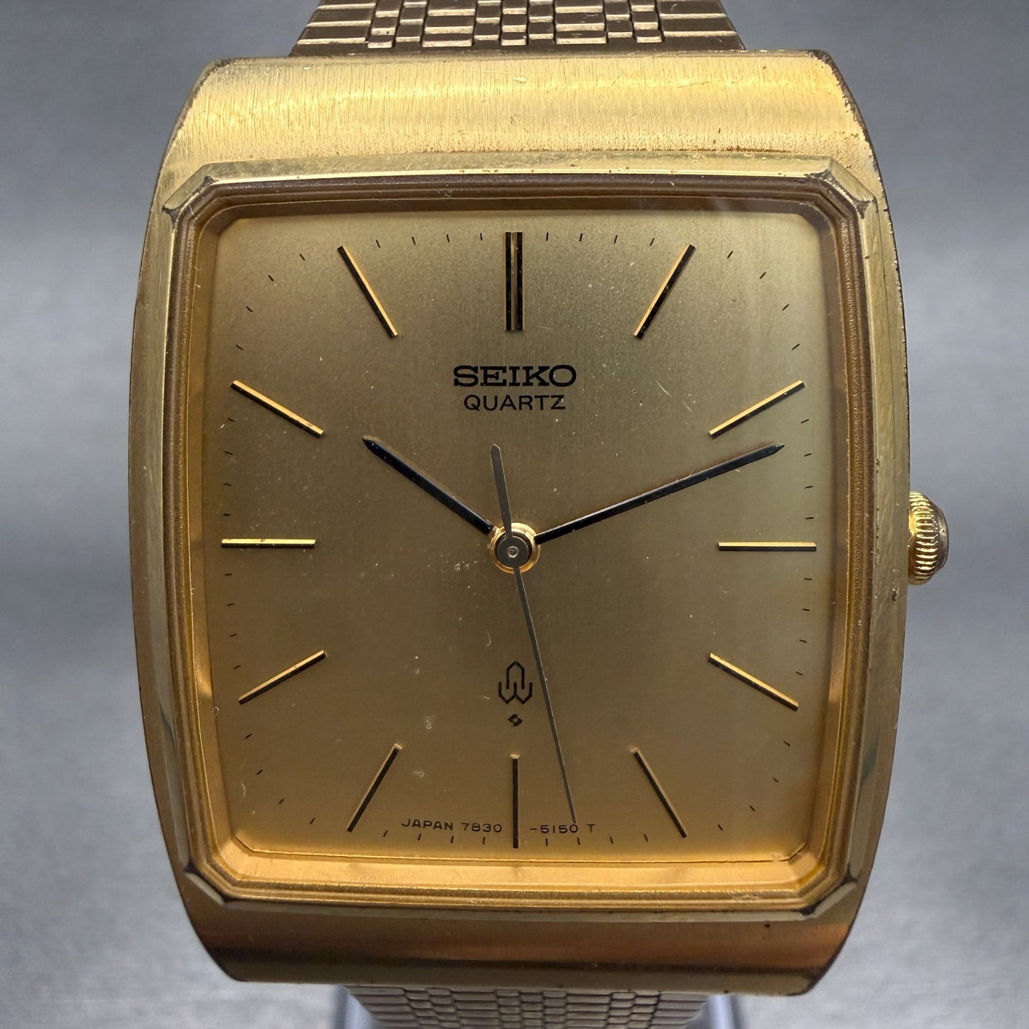 Seiko Tank Watch Men 29mm Gold Dial Gold Tone Rectangle 7830-5150 New Battery1
