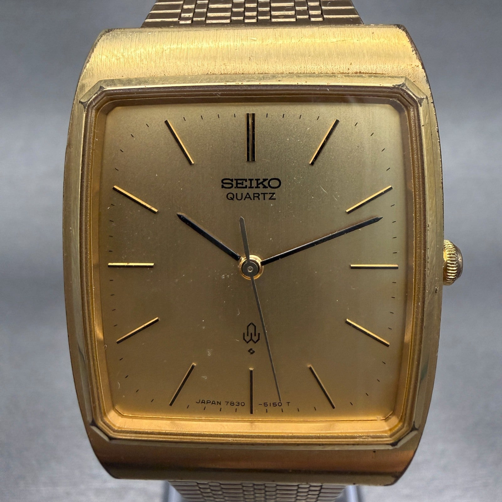 Seiko Tank Watch Men 29mm Gold Dial Gold Tone Rectangle 7830-5150 New Battery1