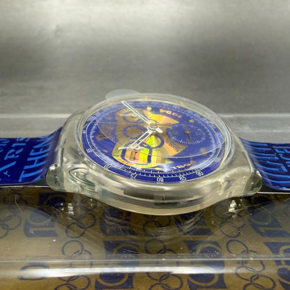 Swatch Chrono 100th Olympics Watch Men 37mm Blue Dial Clear SCZ101 NOS New batt5