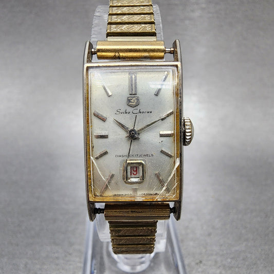 Seiko Chorus Tank Watch Women 17mm Silver Dial Gold Tone Date Manual 2107-3140