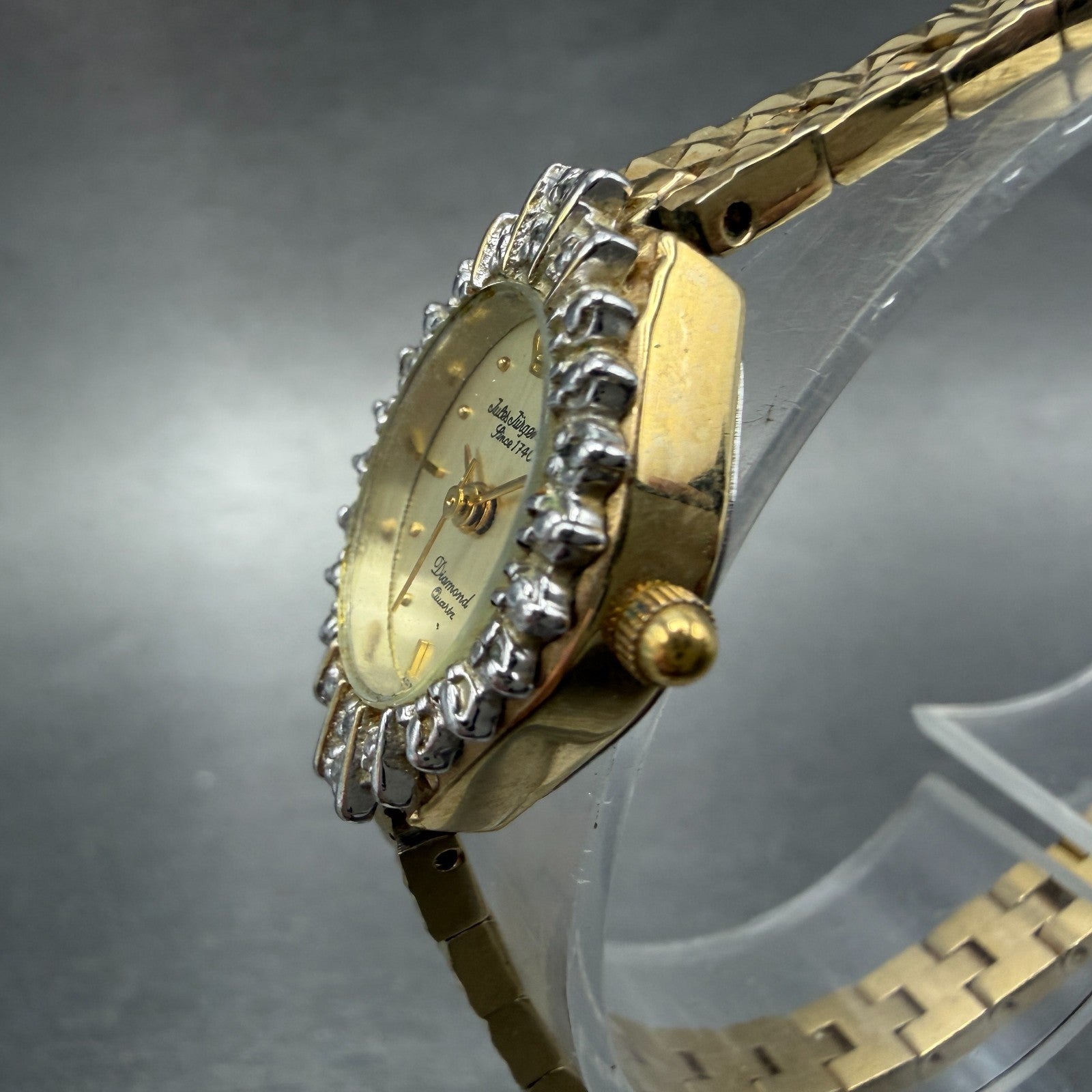 Jules Jurgenson Watch Women 18mm Champagne Dial Gold Tone Gem Stones New Battery2