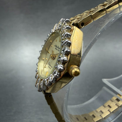 Jules Jurgenson Watch Women 18mm Champagne Dial Gold Tone Gem Stones New Battery2