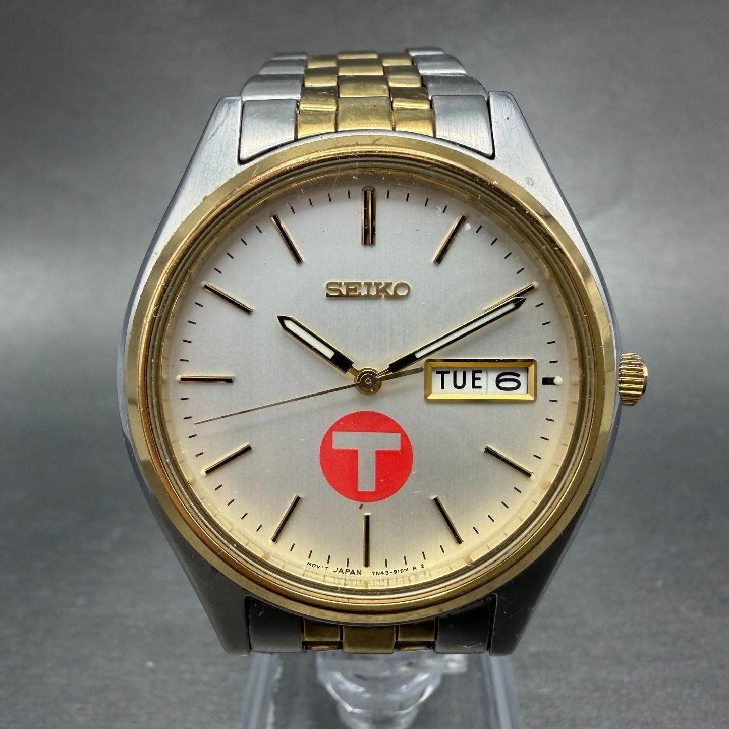Seiko Watch Men 37mm Silver Dial Two Tone Daydate Round 7N43-9048 New Battery IK0
