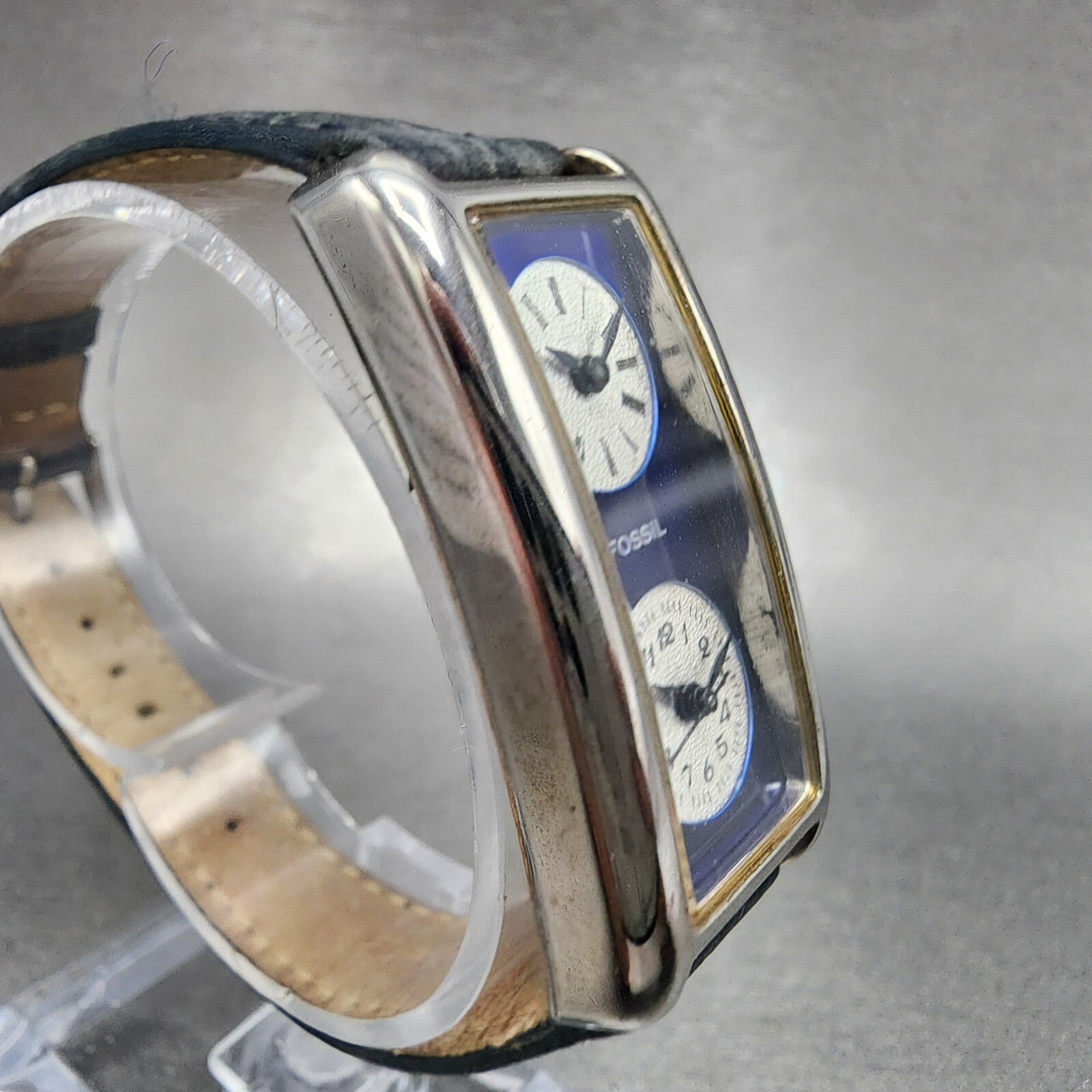 Fossil Dual Time Watch Women 21mm Blue Dial Steel Rectangle READ!!!! DR21053