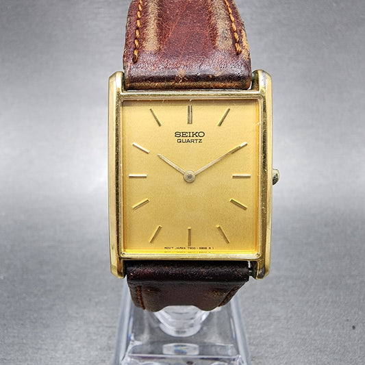 Seiko Tank Watch Men 25mm Gold Dial Gold Tone Rectangle 7N00-5B29 New Battery