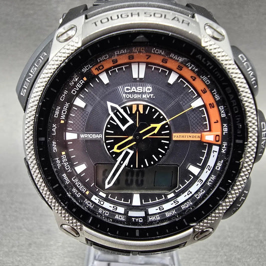 Casio Protrek Watch Men 48mm Gray Dial Black Triple Sensor Solar PAW-5000 Runs0