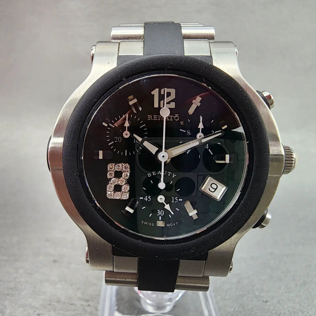 Renato Beauty Chronograph Watch Women 37mm Green Dial Steel Rubber New Battery2